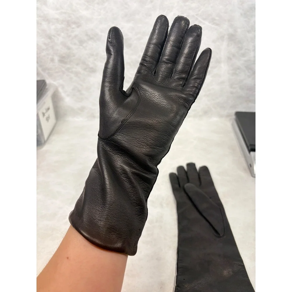 Vintage Black Leather Gloves Mid Length Lined Winter Dress Gloves Small Medium